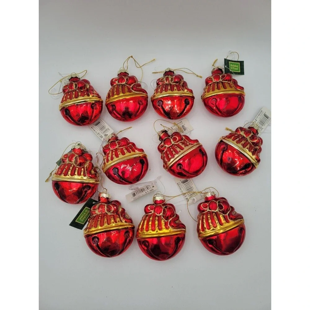 Set Of 11 Blown Glass‎ Ornaments Red And Gold Bell Shaped Christmas Ornaments